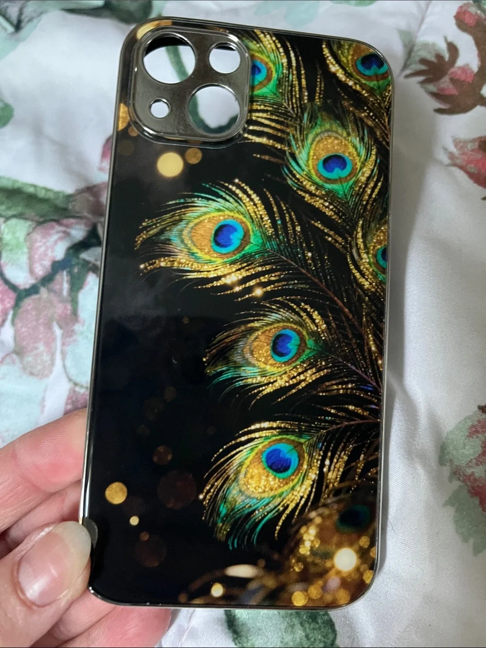 Case for IPhone 13 Peacock Feather Tempered Glass Back